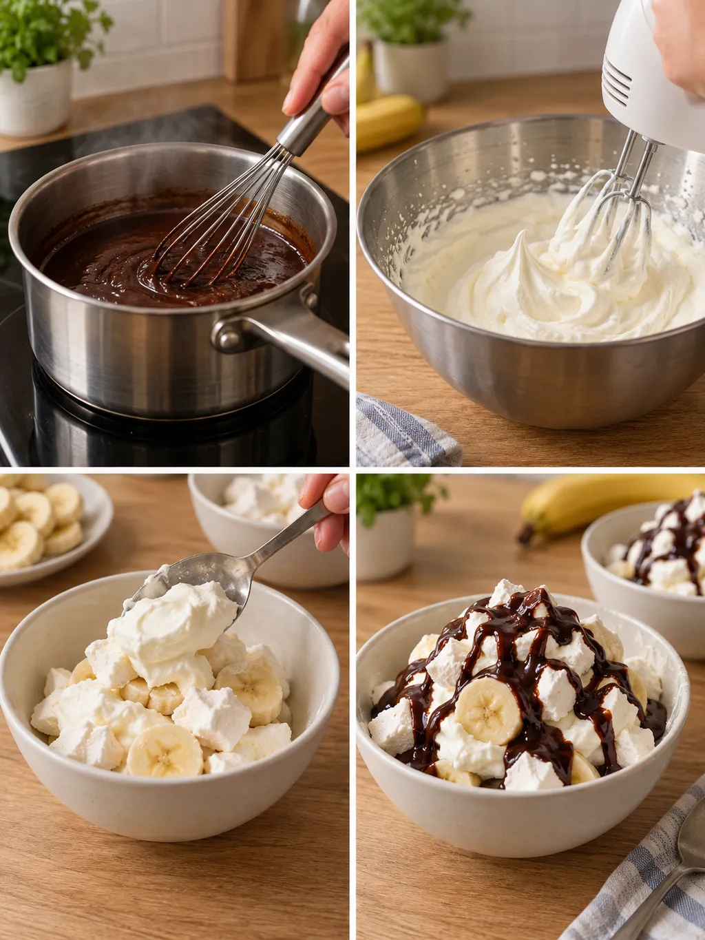 Chokladsås kokas, grädde vispas och marängsviss varvas med banan inför servering