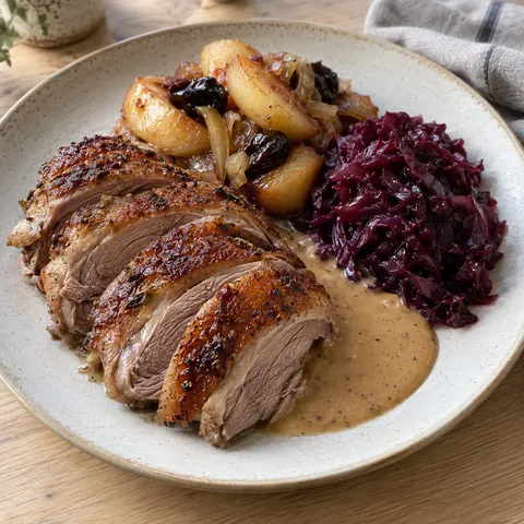 Skivat gåsbröst med frasigt skinn, äppelfyllning, rödkål och skysås