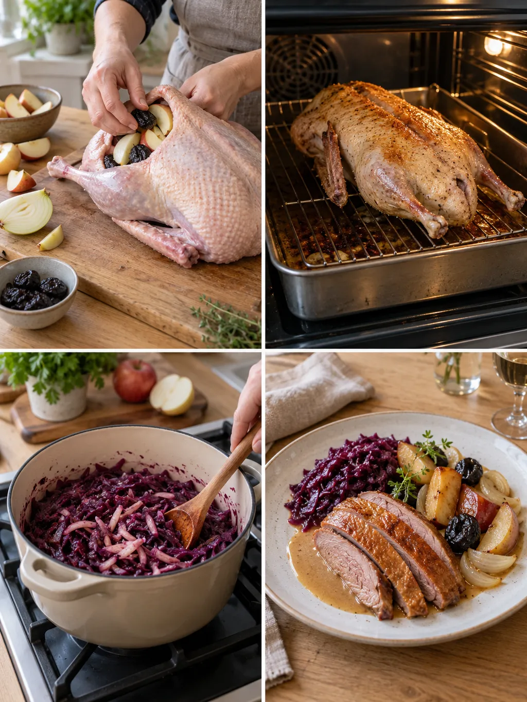 Gås fylls och ugnssteks, rödkål sjuder och den färdiga portionen serveras