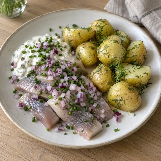 Matjessill med gräddfil, gräslök och rödlök på ett fat med dillpotatis