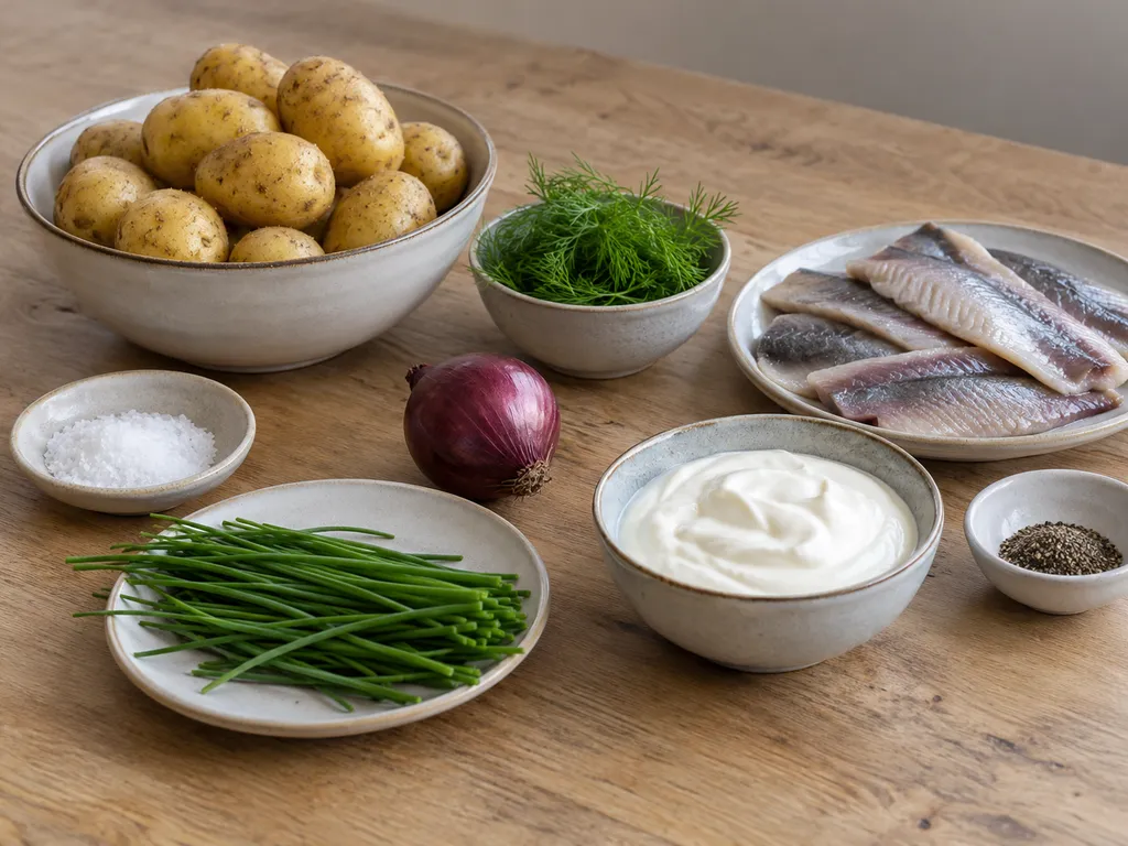 Matjessill, gräddfil, potatis, gräslök, rödlök, dill, salt och svartpeppar