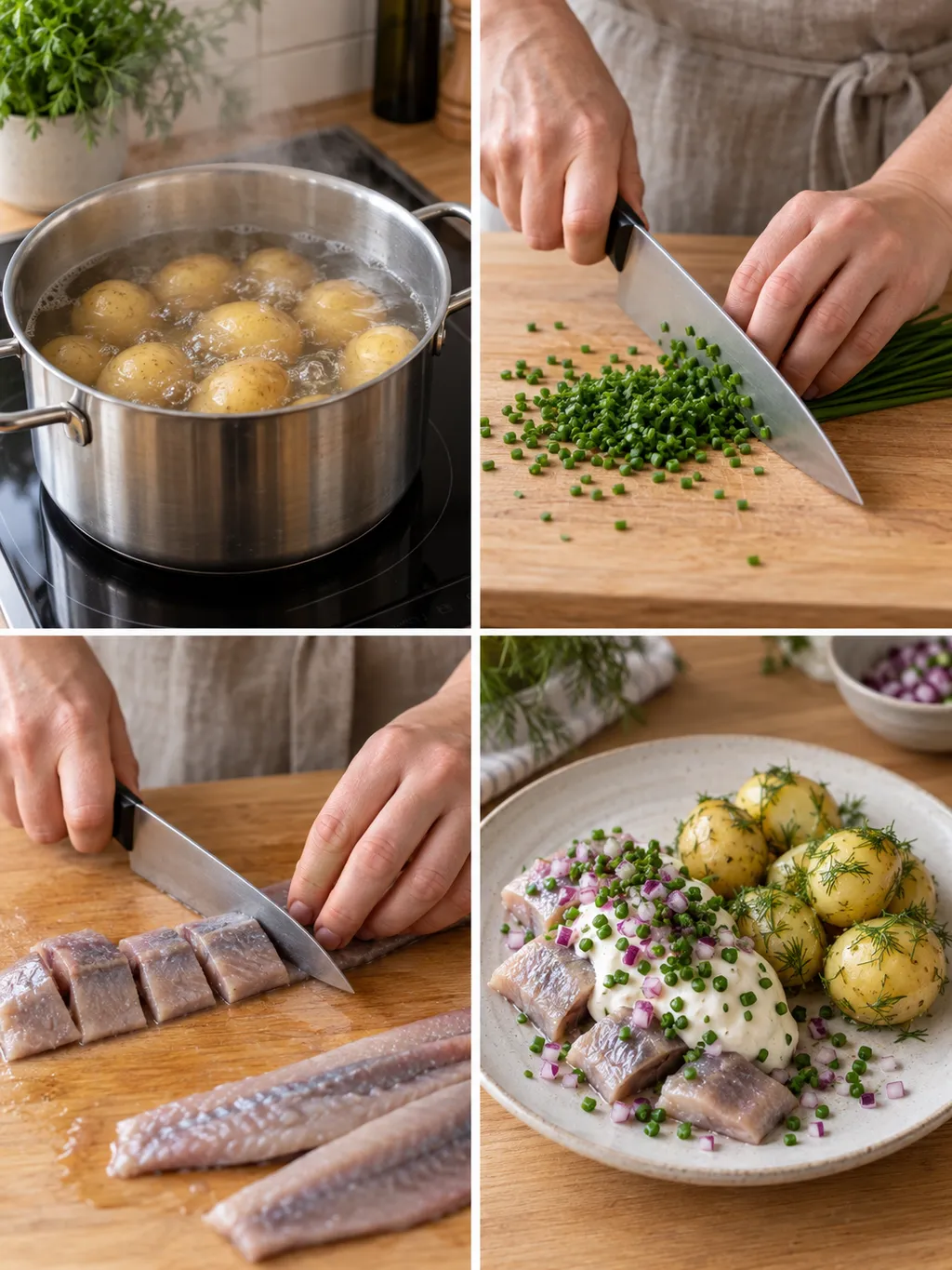 Potatis kokas, gräslök hackas och matjessill skärs före servering med gräddfil