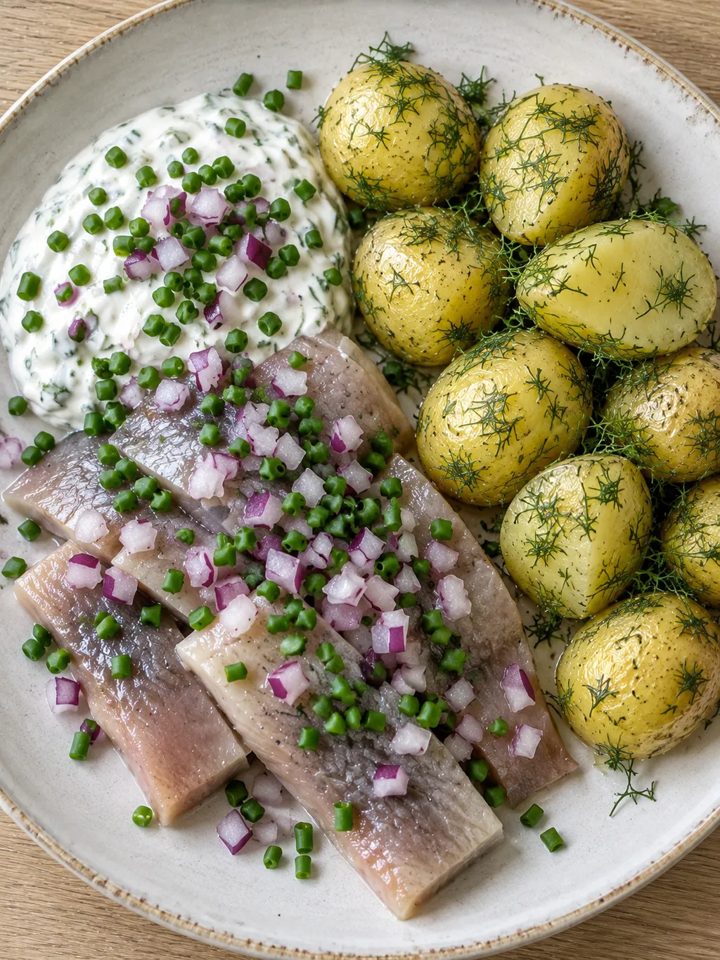 Matjessill och gräddfil med gräslök, rödlök och små dillpotatisar