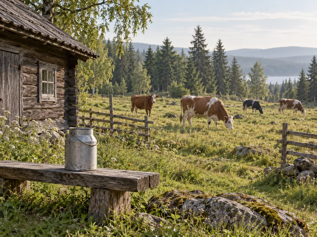 Illustration av en timrad fäbod, kor på en gräsvall och ett mjölkkärl på en träbänk.
