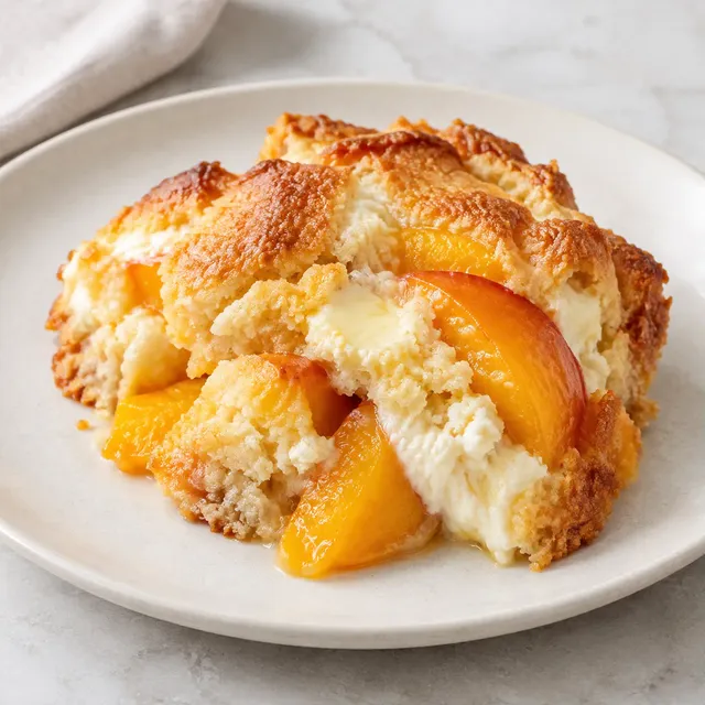 Persikocobbler med färskost och gyllene kanter