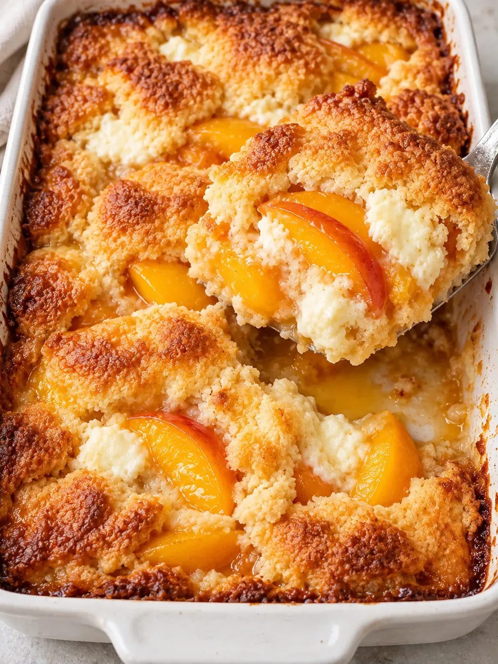 Gyllene persikocobbler med färskost, klar att servera