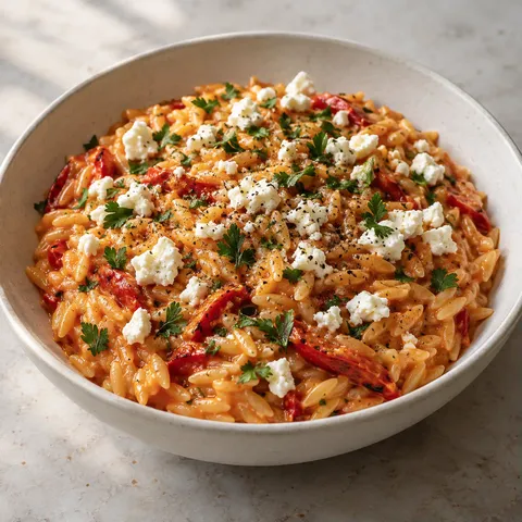 Krämig orzo med grillad paprika och fetaost