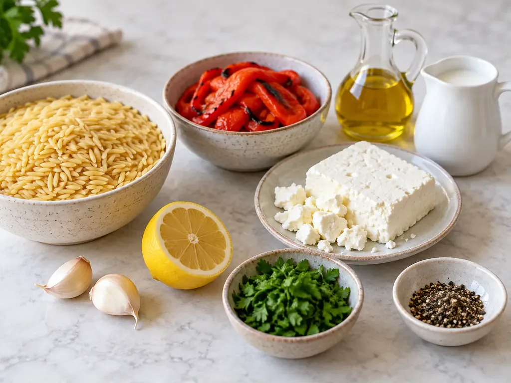 Krämig orzo med grillad paprika och fetaost