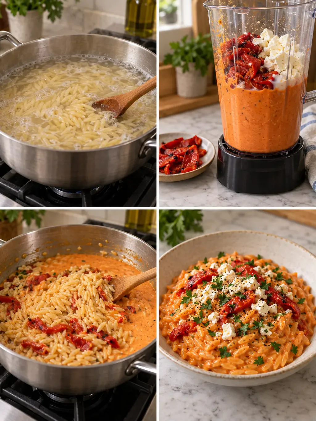 Krämig orzo med grillad paprika och fetaost