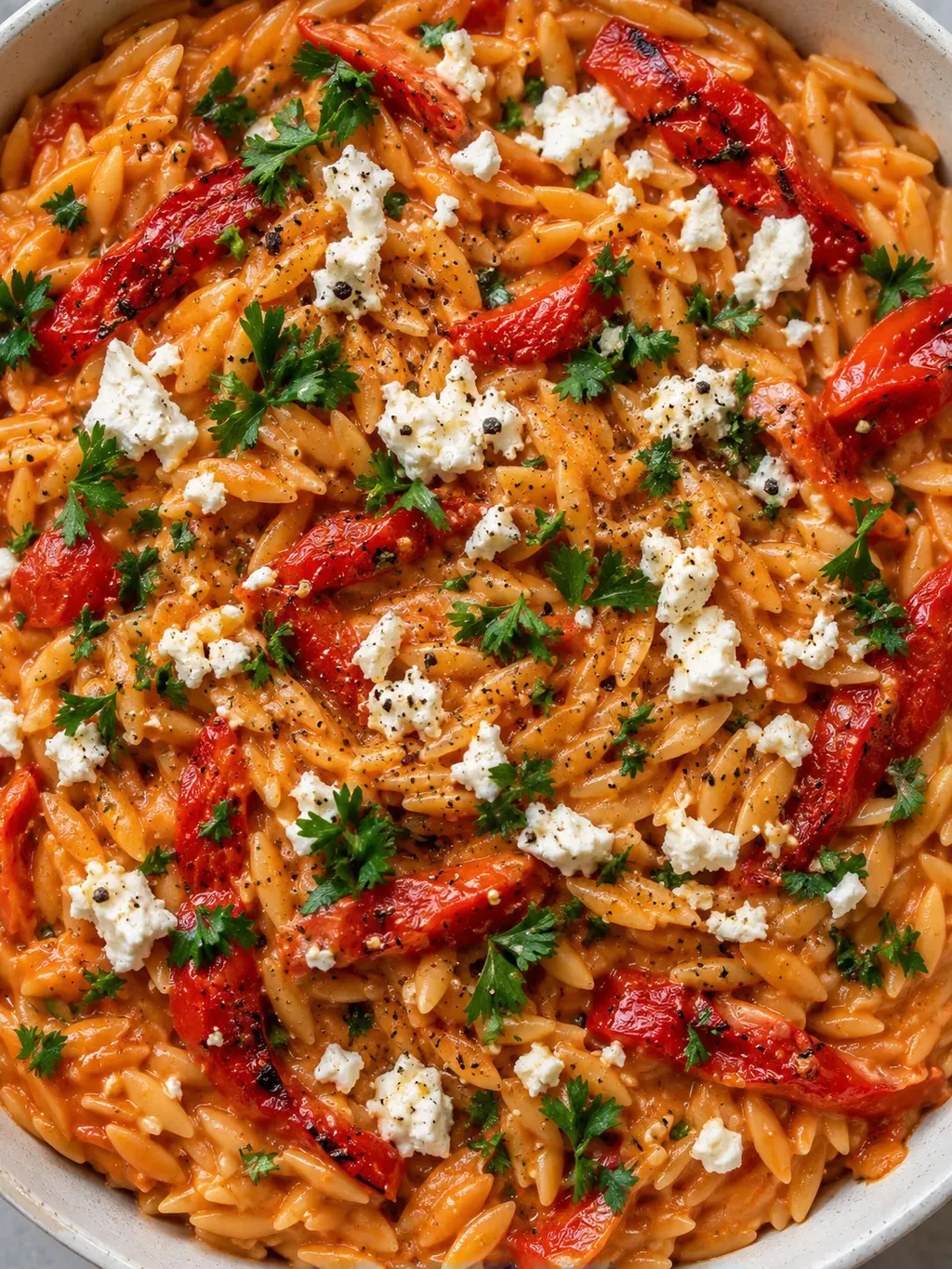 Krämig orzo med grillad paprika och fetaost