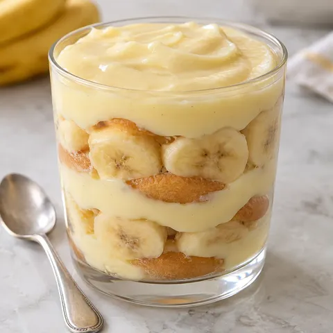 Banandessert med vaniljpudding i glas