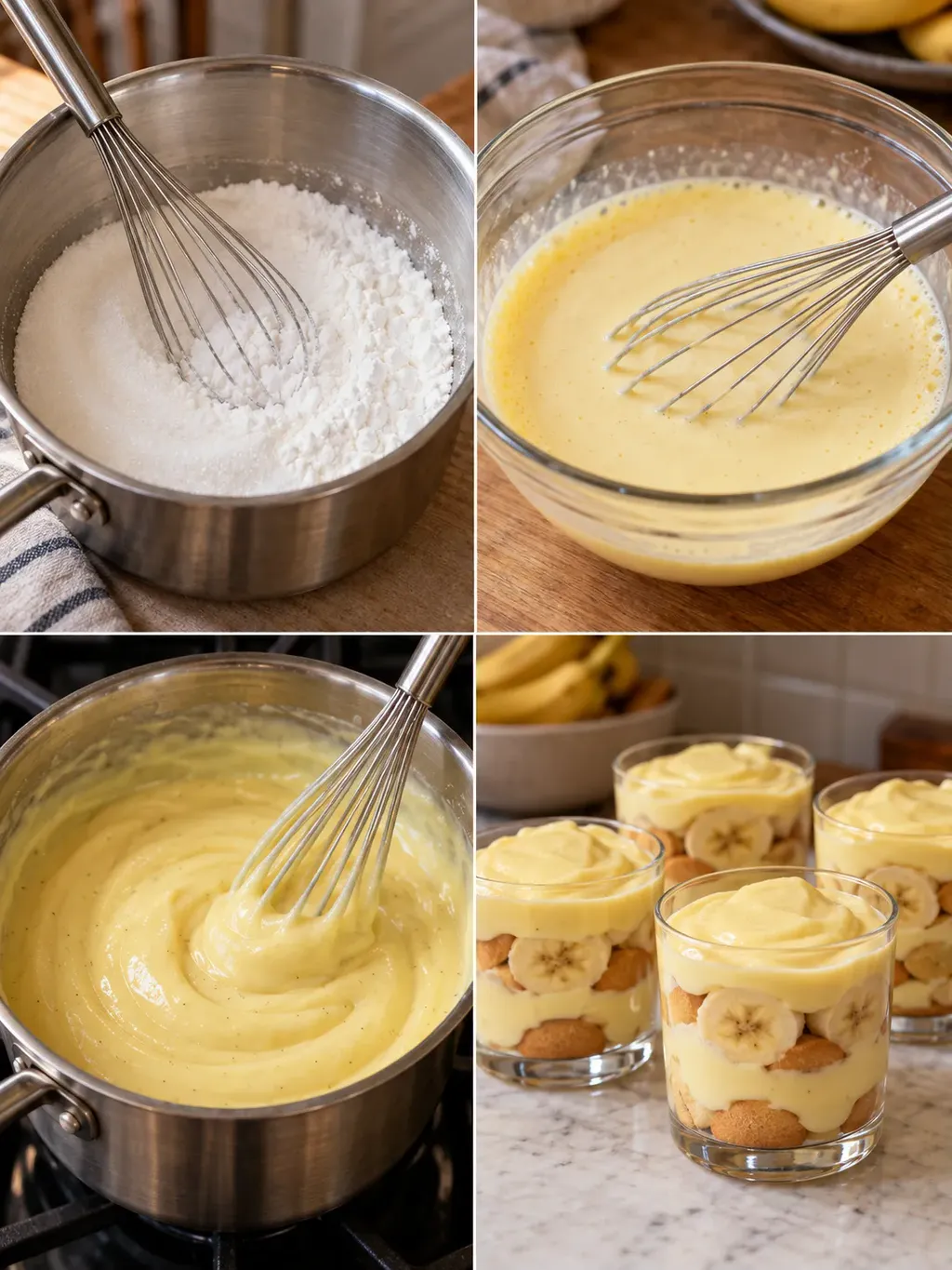 Banandessert med vaniljpudding i glas