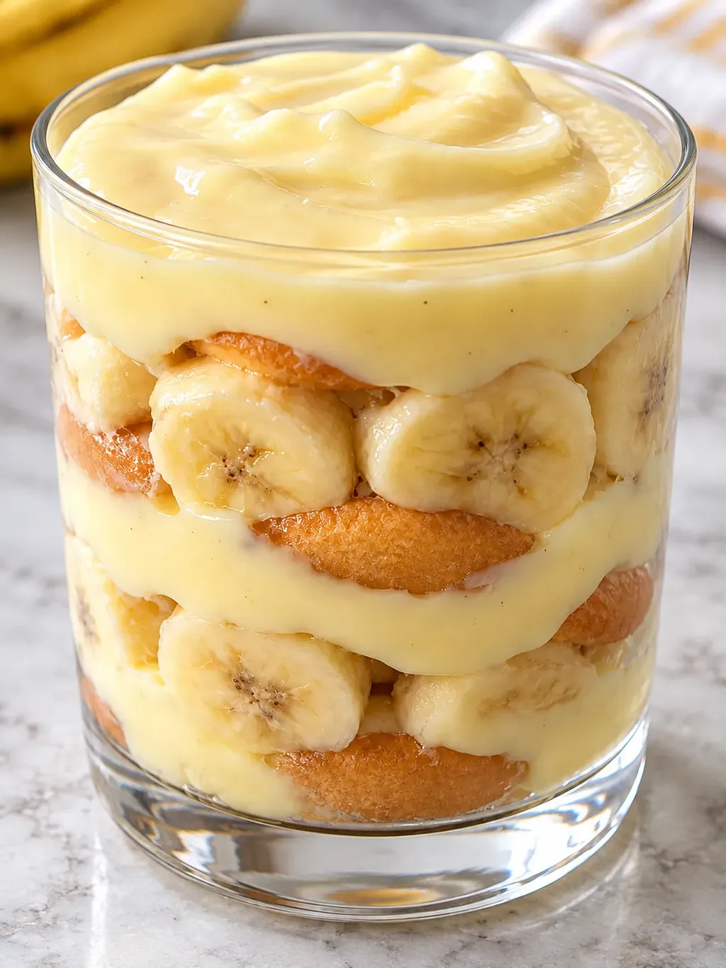 Banandessert med vaniljpudding i glas