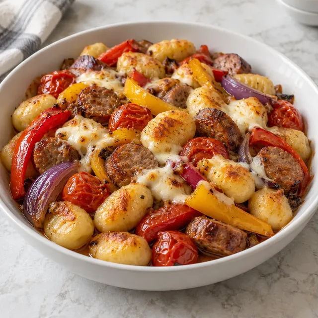 Gnocchi på plåt med korv och paprika