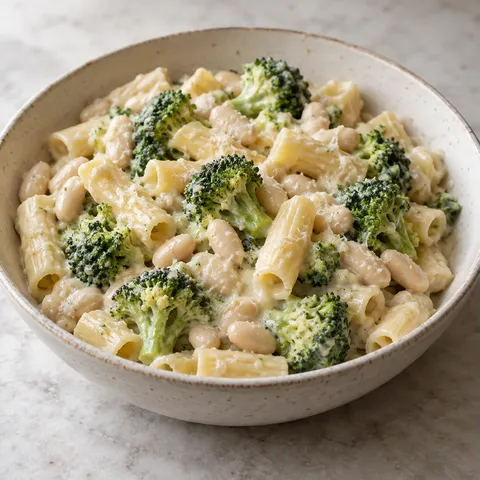 Krämig pasta med broccoli och vita bönor