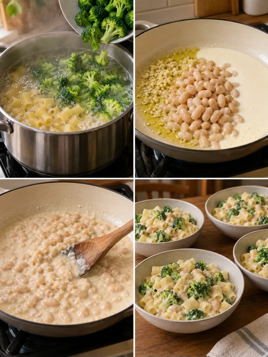 Krämig pasta med broccoli och vita bönor