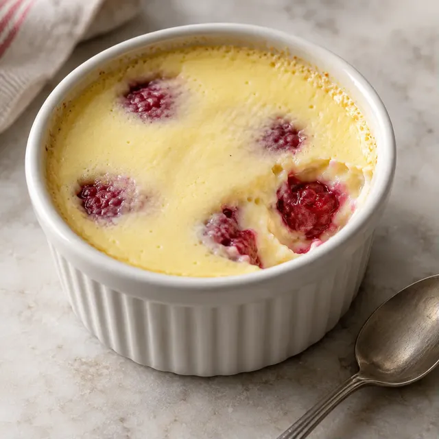 Ugnsbakad vaniljpudding med hallon