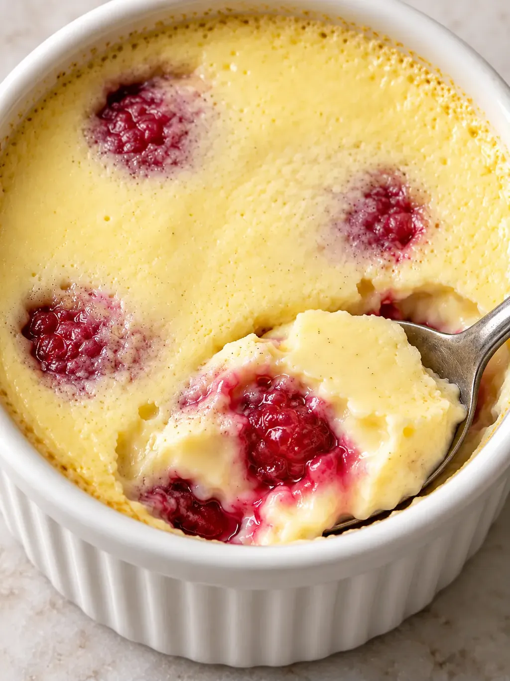 Ugnsbakad vaniljpudding med hallon