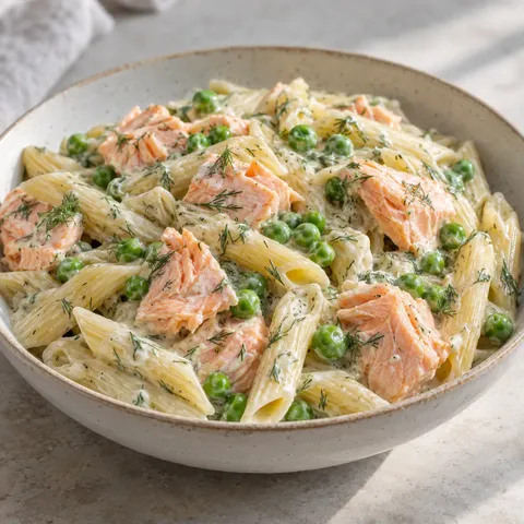 Krämig laxpasta med dill och ärter