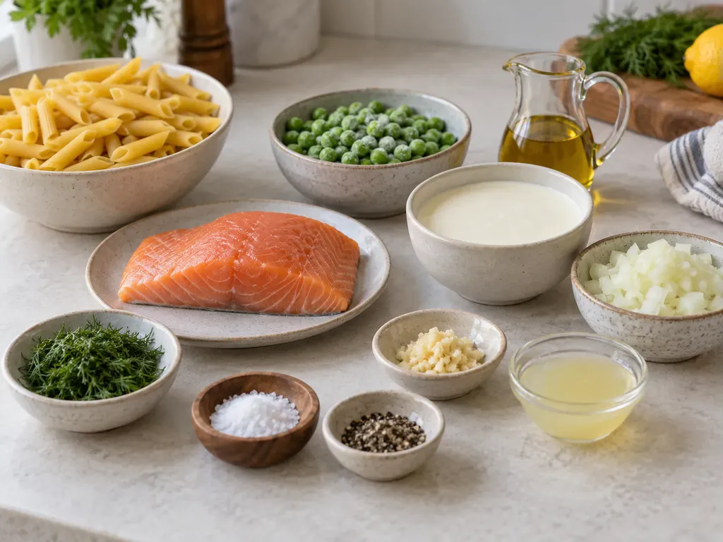 Krämig laxpasta med dill och ärter