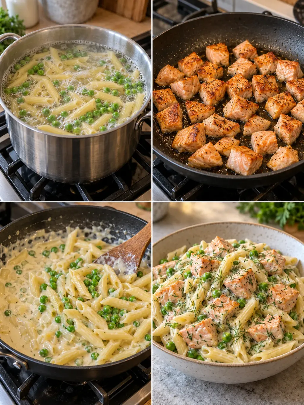 Krämig laxpasta med dill och ärter