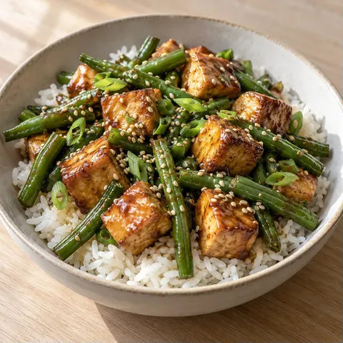 Risskålar med sesamtofu och gröna bönor