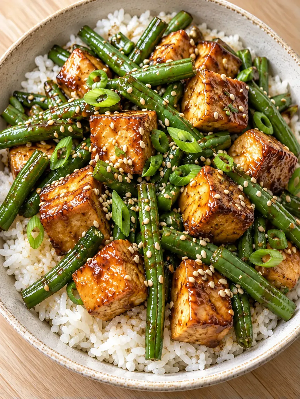 Risskålar med sesamtofu och gröna bönor