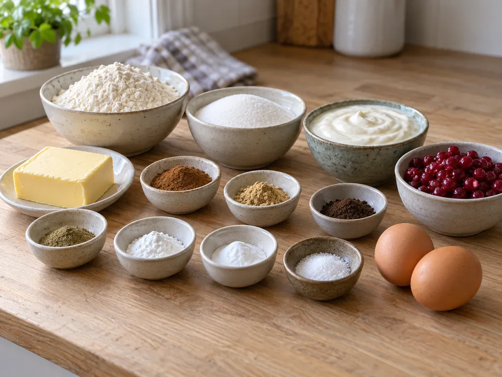 Smör, ägg, gräddfil, lingon, mjöl, socker och kryddor till mjuk pepparkaka
