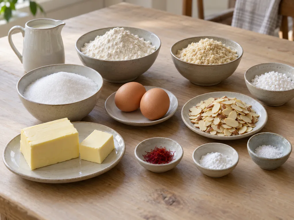Ingredienser till saffranskaka med smör, två ägg, saffran, mandelmjöl och mandelspån