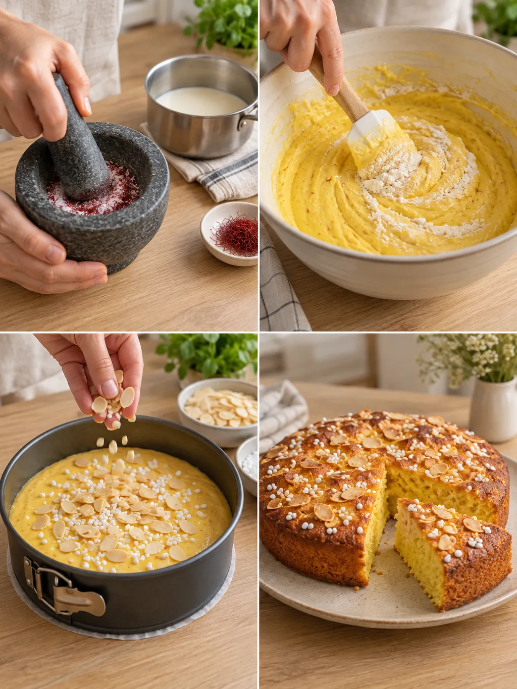 Saffran stöts, kaksmet vänds ihop, mandel strös över och färdig saffranskaka serveras