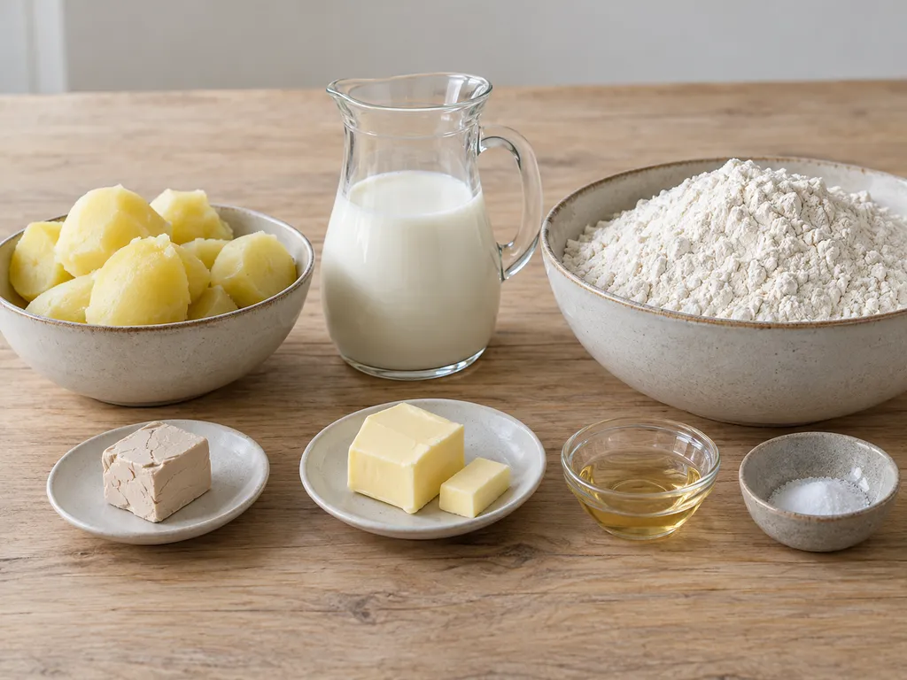 Kokt potatis, mjölk, jäst, vetemjöl, smör, sirap och salt till potatisbröd