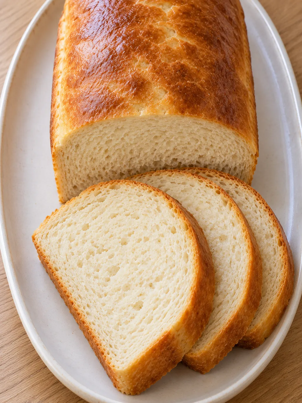 Gyllene potatisbröd med överlappande skivor och mjukt ljust inkråm