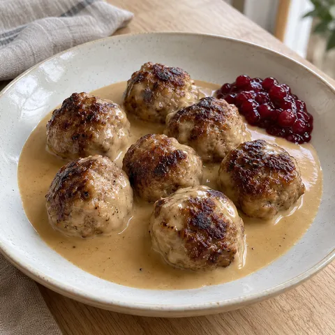 Brynta köttbullar i gräddsås med lingonsylt på en ljus tallrik