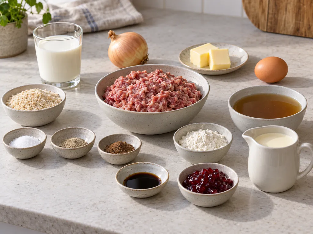 Blandfärs, lök, ströbröd, mjölk och övriga råvaror till köttbullar med gräddsås