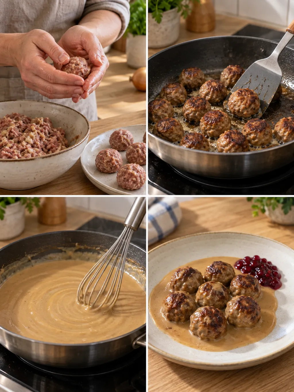 Köttbullar formas och steks, gräddsåsen vispas och den färdiga maten serveras