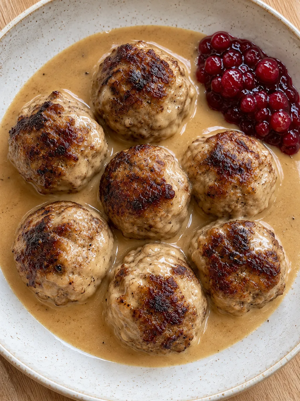 Små brynta köttbullar med ljusbrun gräddsås och röd lingonsylt