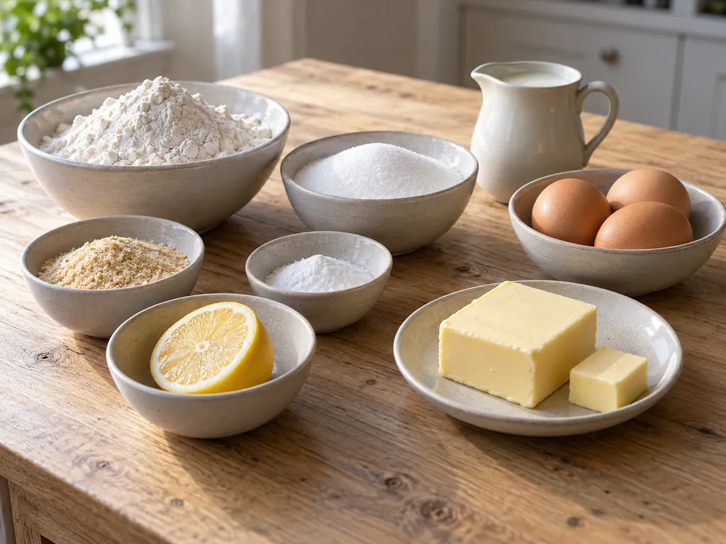 Ägg, smör, mjölk, mjöl, socker, vaniljsocker, bakpulver, ströbröd och citron
