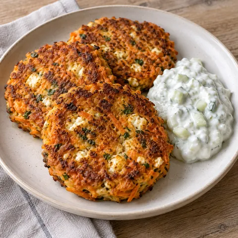 Gyllene morotsbiffar med fetaost och tjock tzatziki på en ljus tallrik