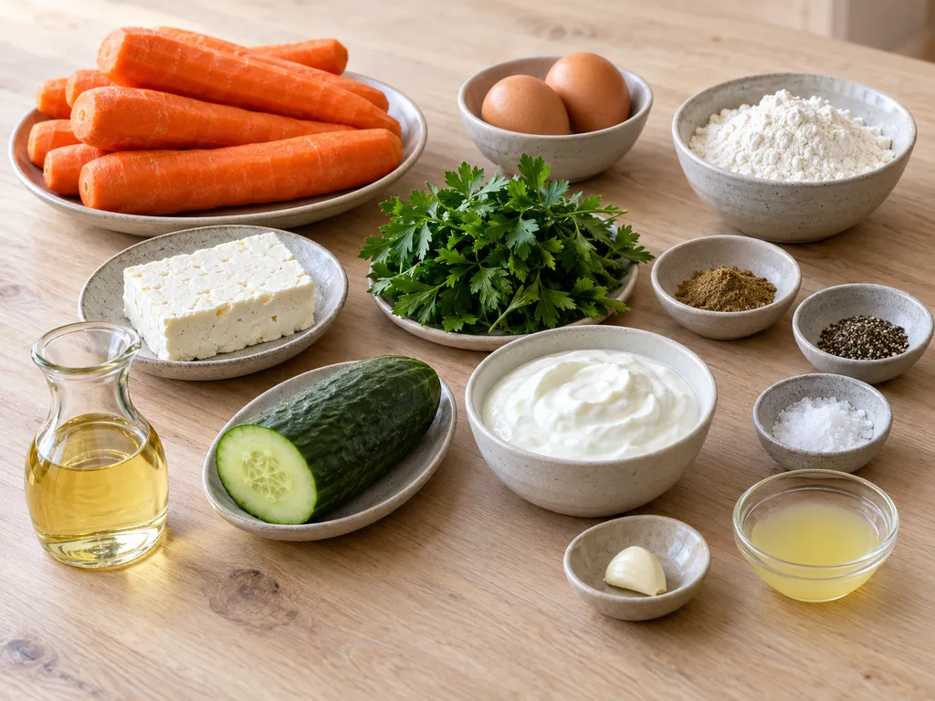 Morötter, fetaost, ägg, mjöl och övriga råvaror till morotsbiffar och tzatziki