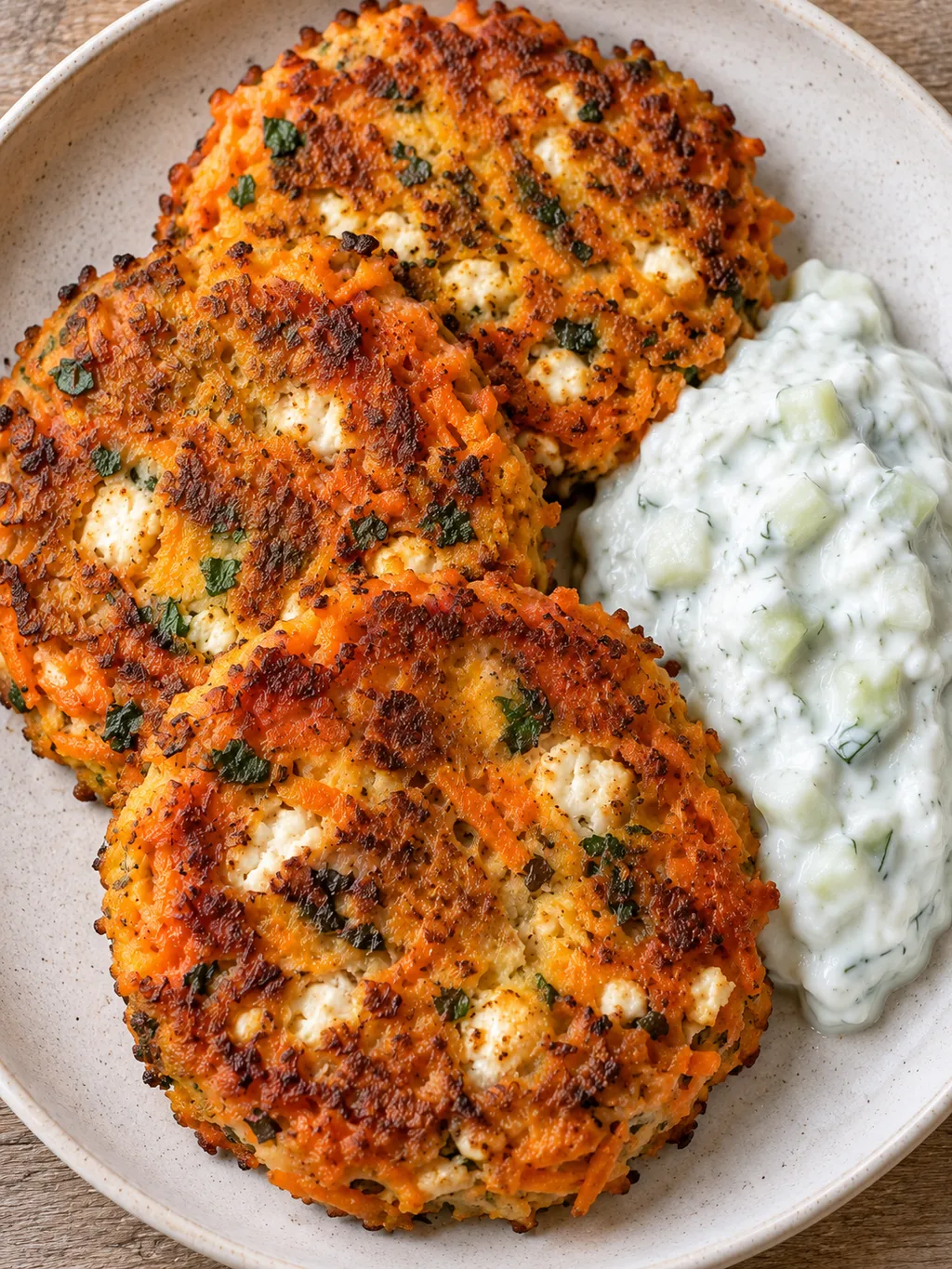 Frasiga morotsbiffar med synliga fetaostbitar och krämig gurktzatziki