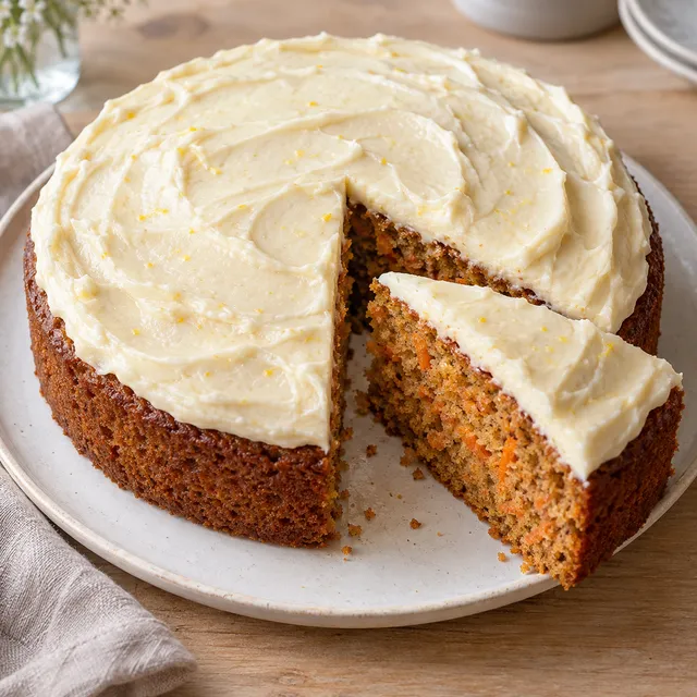 Morotskaka med tjock färskostfrosting och en utskuren bit på ett ljust fat