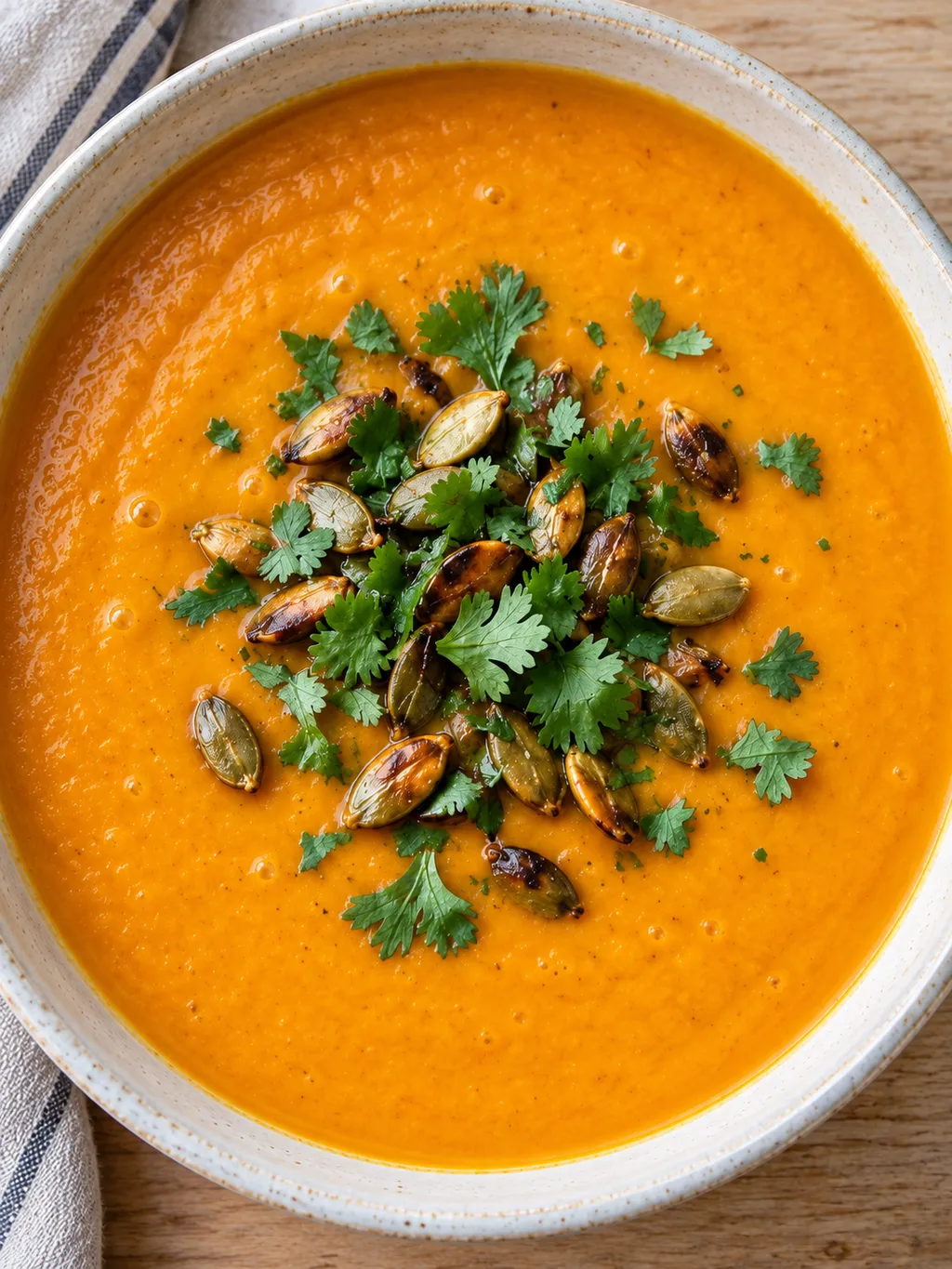 Orange morotssoppa med kokosmjölk, rostade pumpakärnor och färsk koriander