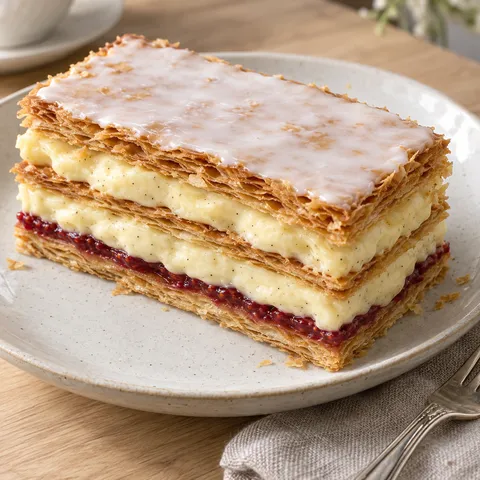 Napoleonbakelse med tre frasiga bottnar, hallonsylt, vaniljkräm och vit glasyr