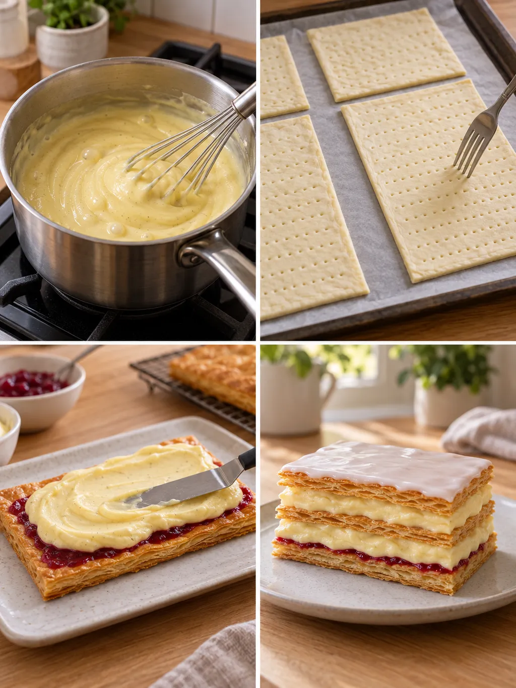 Vaniljkräm kokas, smördeg naggas och napoleonbakelsen fylls och serveras