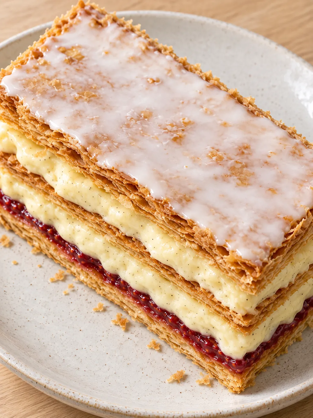Napoleonbakelse med vit glasyr, gyllenbrun smördeg och synliga lager av sylt och kräm