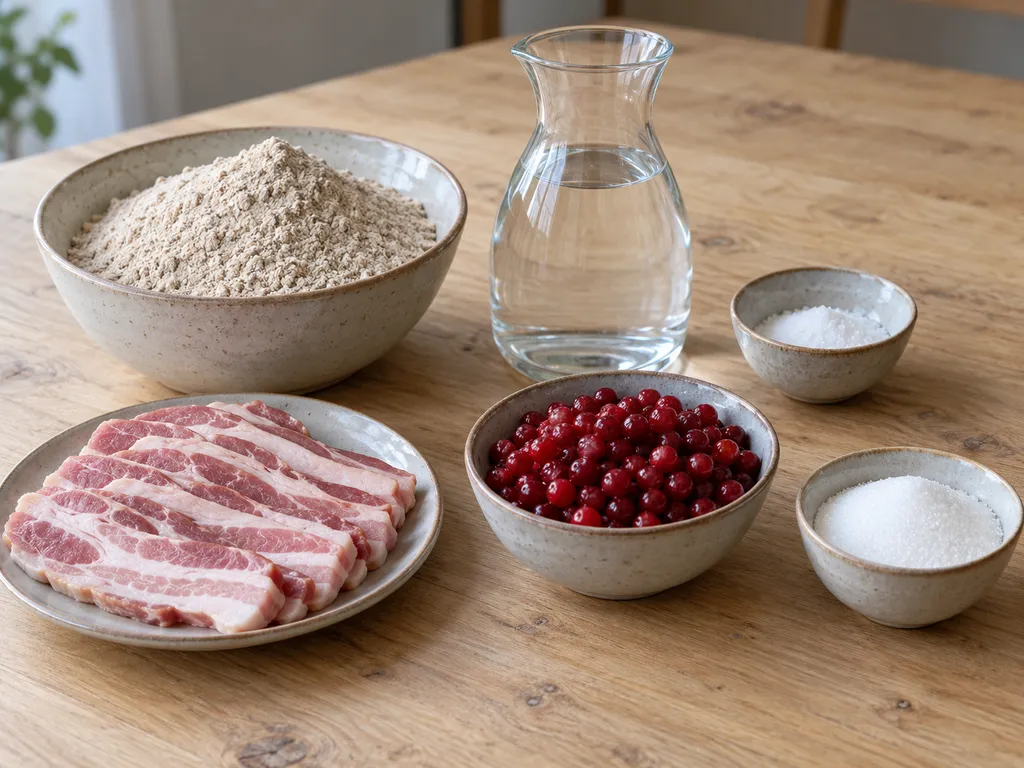 Skrädmjöl, rimmat sidfläsk, lingon, socker, vatten och salt i separata kärl