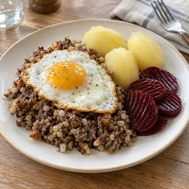Smörstekt pölsa med korngryn, stekt ägg, kokt potatis och inlagda rödbetor