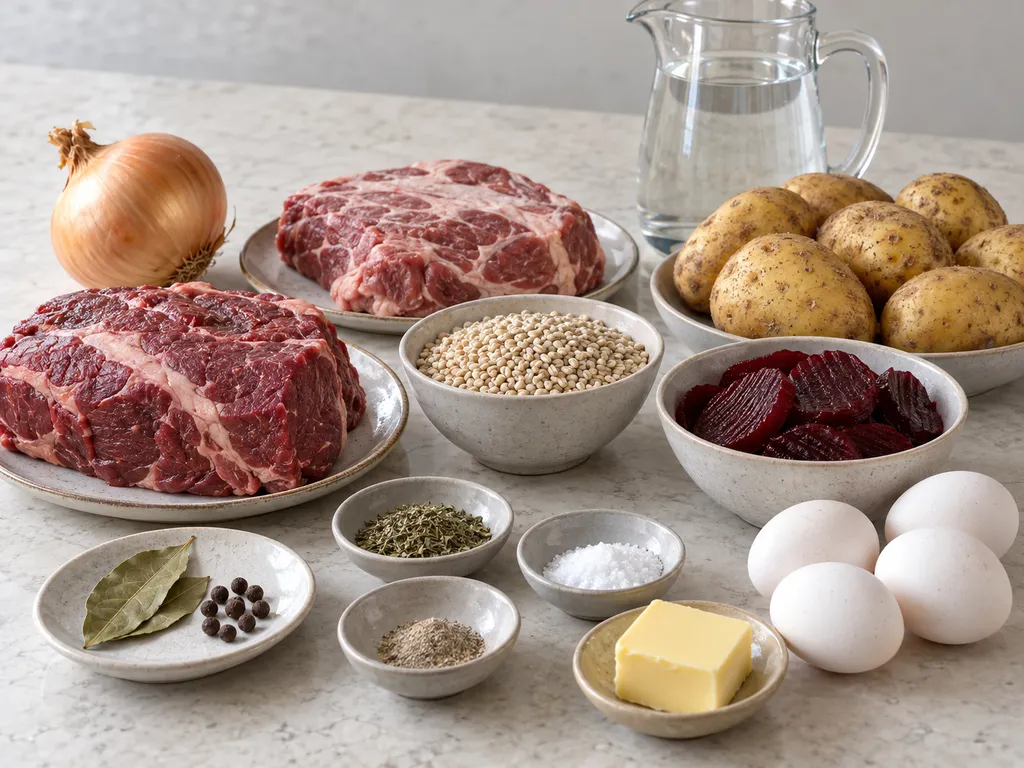 Kött, korngryn, lök, kryddor, smör, potatis, fyra ägg och inlagda rödbetor