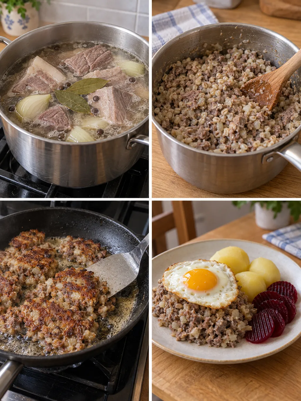 Köttkok, blandning och stekning av pölsa samt färdig portion med ägg och rödbetor