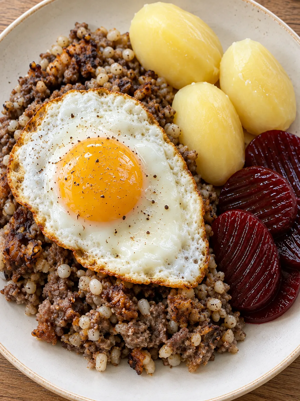 Pölsa med brynta partier, stekt ägg, kokt potatis och mörkröda rödbetsskivor